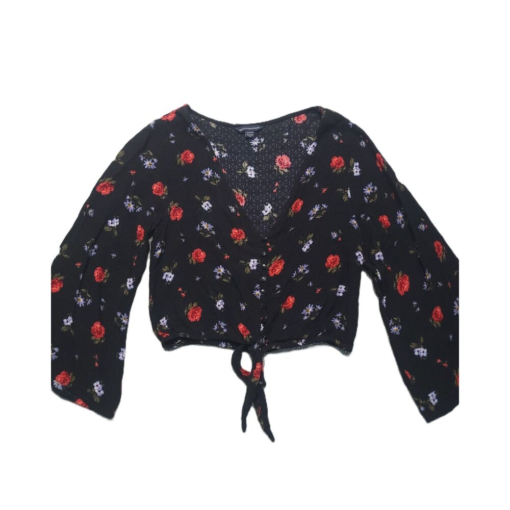 American Eagle Womens XS Crop Top Tie Front Long Sleeve Floral Viscose Shirt
